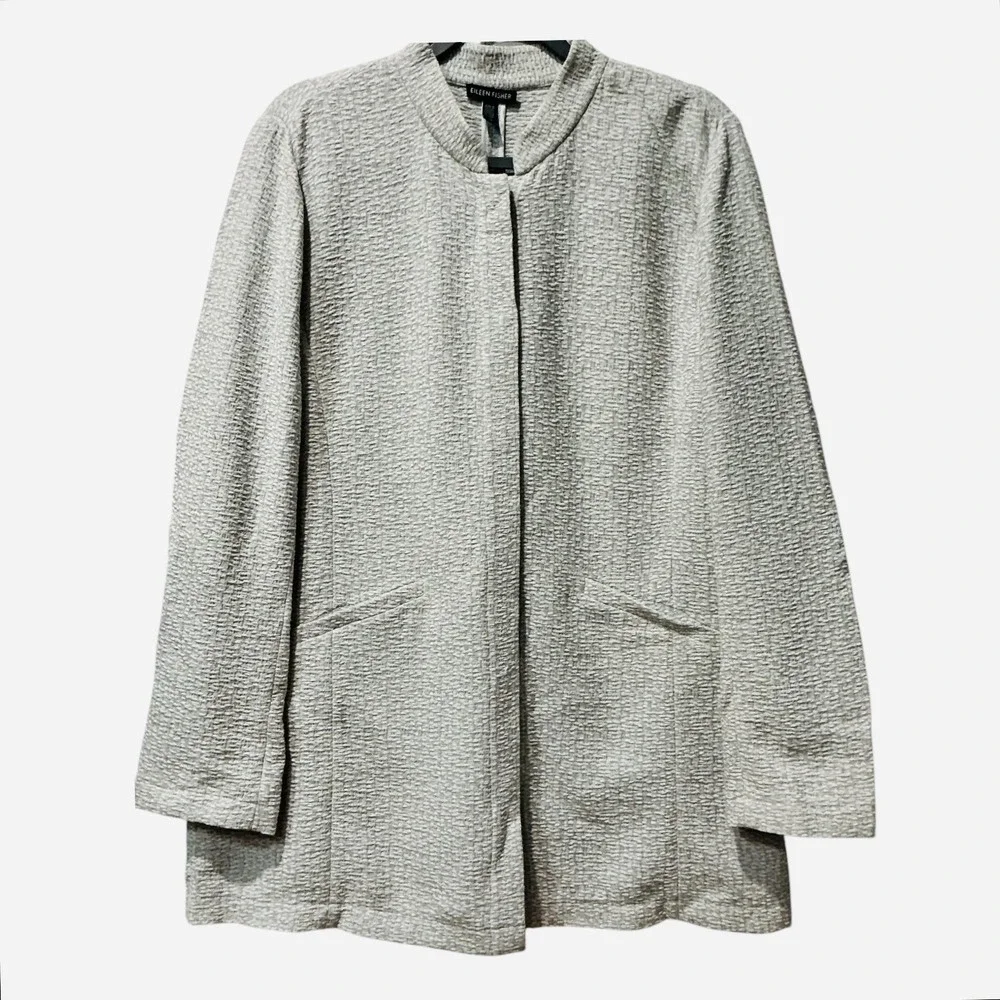 Eileen Fisher Pearl Textural Cotton Tencel Stretch Stand Collar Jacket‎ L